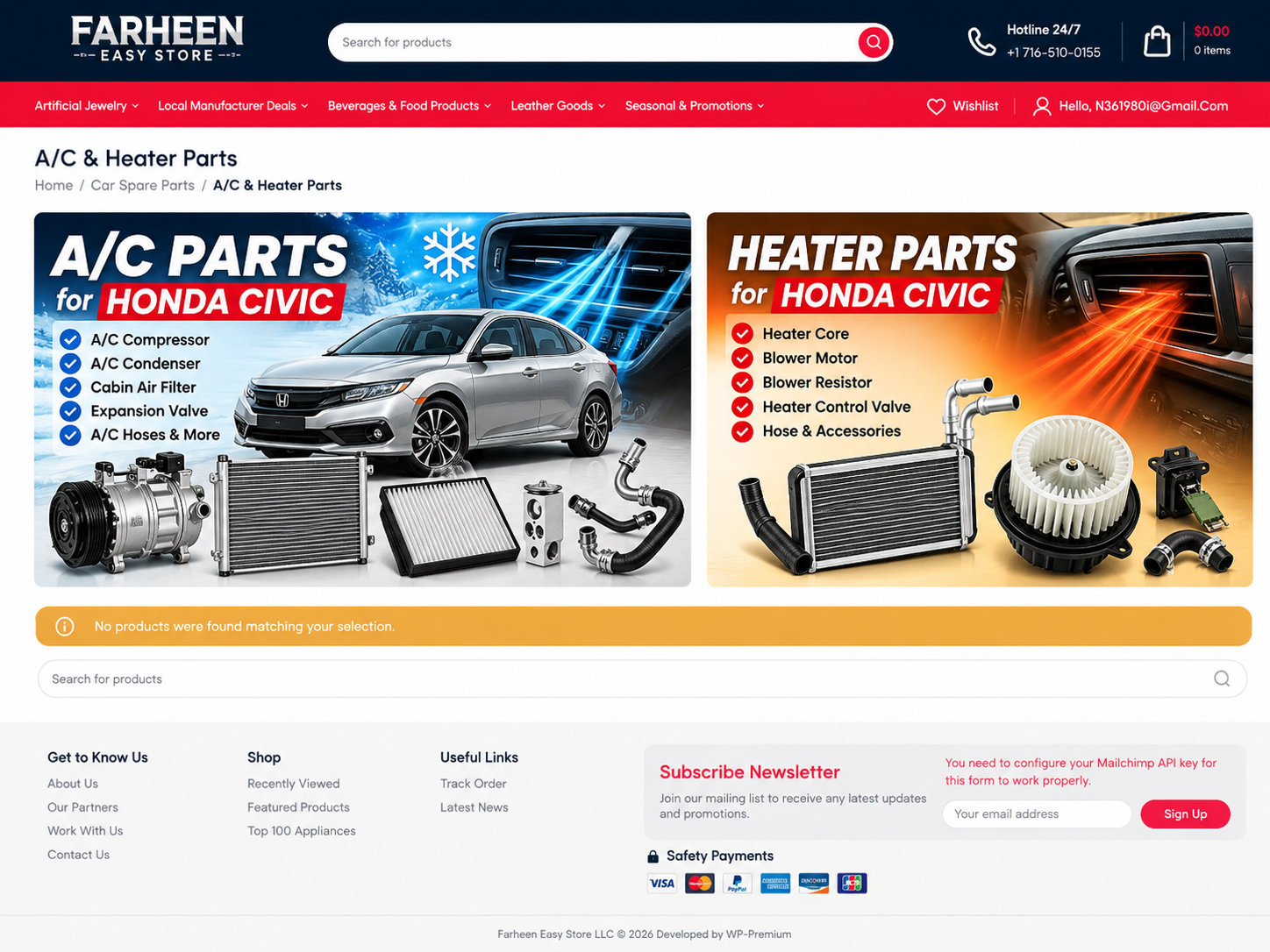 Honda Civic A/C and heater parts including compressor, condenser, cabin air filter, heater core and blower motor
